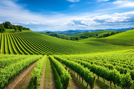 A peaceful vineyard field with rows of grapevines stretching toward a rolling hillside