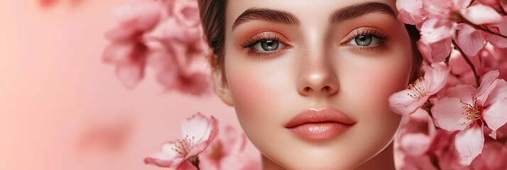 Fototapeta premium Captivating beauty portrait with floral backdrop showcasing skincare elegance