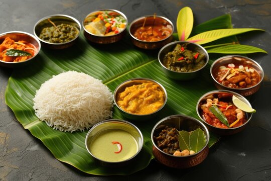 indian cuisine  meals served on banana leaf  traditional south indian cuisine