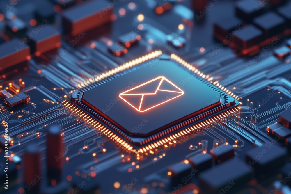 Poster creative graphic layout showcasing computer chip design with email symbol illuminated