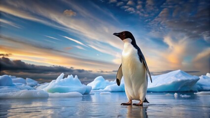 Fototapeta premium Adelie penguin standing on ice in Antarctica, looking up at the sky with a serene expression, bird, nature, bird