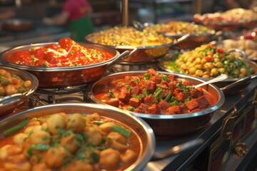 Obraz premium Oriental food Indian takeaway at a Londons market