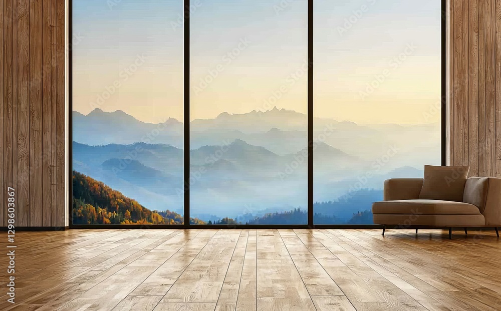 Poster minimal design elements are emphasized in a modern architectural space with a mountain view at dawn