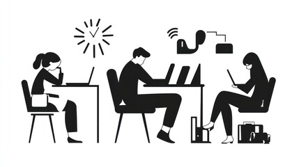 Fototapeta premium Silhouettes of people working at desks, modern office. Possible use for workplace illustration