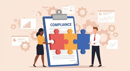 Flat illustration of two business professionals assembling puzzle pieces below a compliance clipboard, symbolizing regulations, teamwork, and corporate responsibility