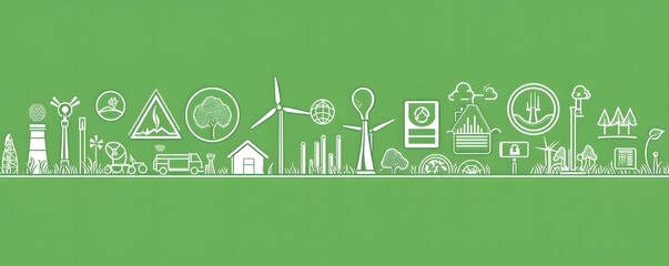 White line art represents environmental sustainability on a green background