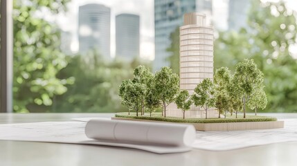 Atop a detailed blueprint, a miniature model of a modern suburban house is positioned, demonstrating the meticulous planning and architectural vision that defines a dream home