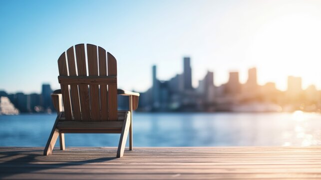 Bustling urban harbor a wooden chair facing the view