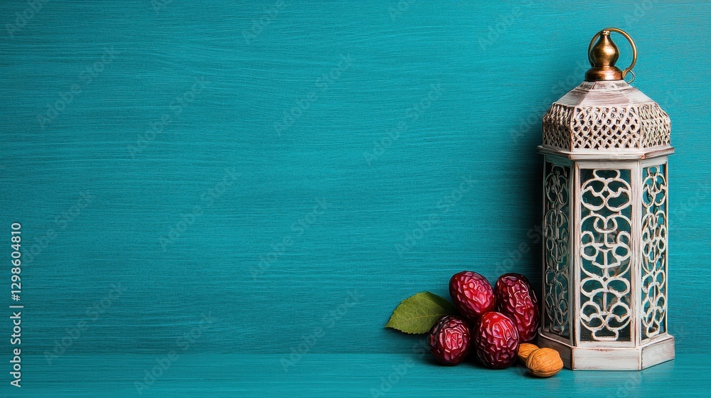 Poster ornate lantern with dates and nuts in a cozy ramadan setting