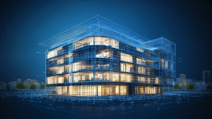 A modern multi-story building design is conceptualized in a futuristic manner, showcasing architectural details in a blueprint style, symbolizing innovation, urban planning, and technological