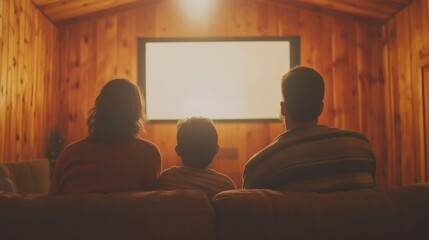Family of three sitting on a rustic wooden couch, watching a movie on a projector screen, warm lighting adding a vintage feel