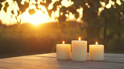 Tranquil sunset with glowing candles on a wooden table in a peaceful outdoor setting