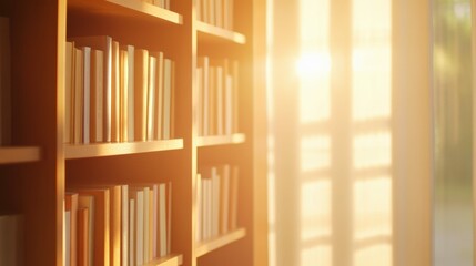 Fototapeta premium Row of bookshelves with golden sunlight pouring through large windows, illuminating the spines of the books,