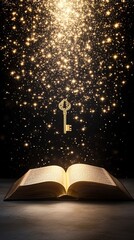 Develop self resources strategy. A magical key hovers above an open book, surrounded by shimmering light, symbolizing knowledge and discovery.
