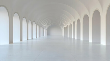 Obraz premium Endless white arched hallway, minimalist architecture, bright interior, background light
