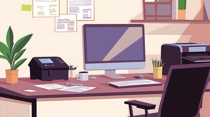 Fototapeta premium Office Workspace Modern Pixel Art Illustration with Computer Monitor Desk Plant Stationery Business Interior Design in 8-Bit Style Digital Retro Gaming Aesthetic