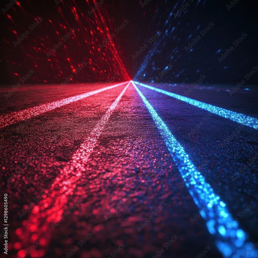 Poster abstract background with red and blue laser light beams creating dynamic patterns on dark surface fo