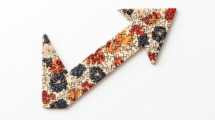 Develop self resources strategy. A colorful arrow-shaped puzzle piece, symbolizing growth and progress, made of intricate floral patterns.