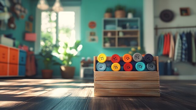 Exquisite buttons and clothing in vintage wooden boxes