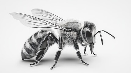Sketch engraving of a realistic bee in side view with detailed anatomy in black and white illustration


