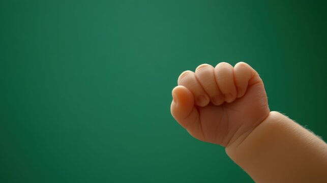 Baby's clenched fist against green background for symbolizing growth and potential - Powered by Adobe