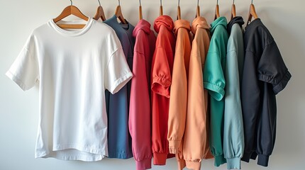 A row of shirts hanging on a rack, including white, red, blue, green, and black