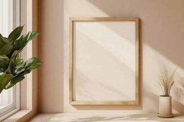 A framed picture rests against a neutral colored interior wall