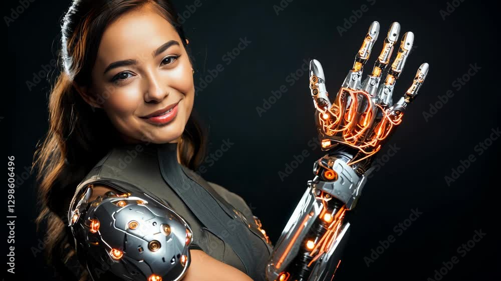 Poster portrait of a woman symbolically turning into virtual human, virtual character, or digital clone, us