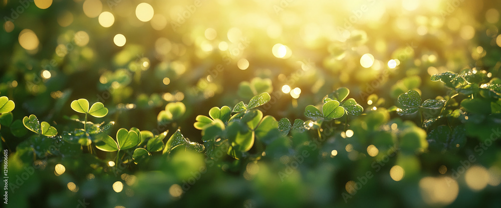 Aufkleber Close-up view of clover leaves sparkling with dew under golden bokeh light, symbolizing good luck and nature, perfect for St. Patrick's Day, spring, and environmental themes.