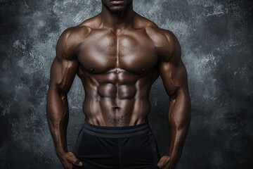 Fototapeta premium The image focuses on a man's chest area, drawing attention to his body shape