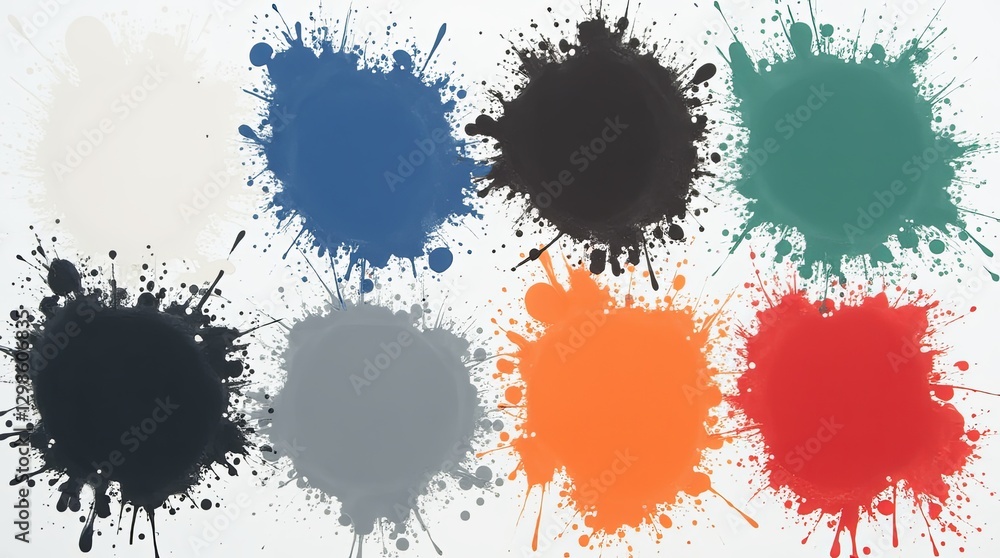 Poster a row of paint splatters in a variety of colors