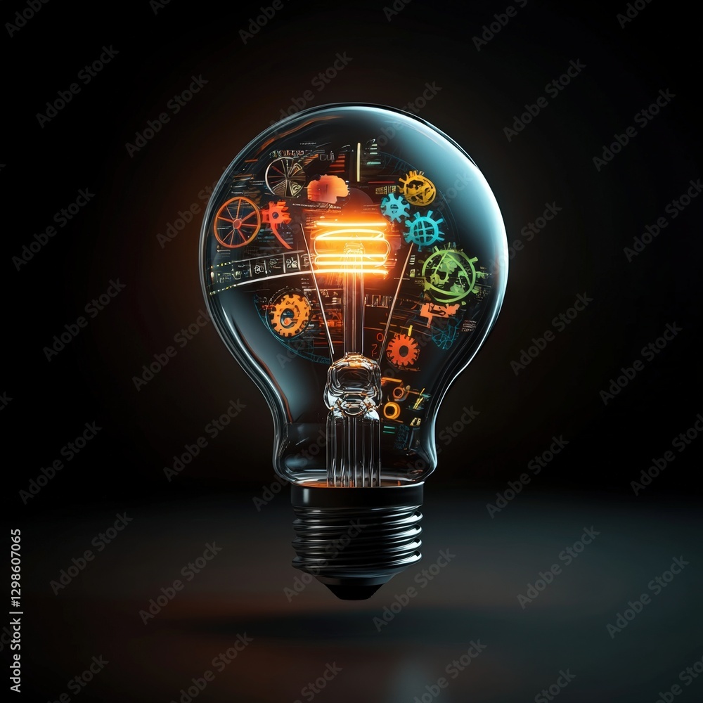 Poster light bulb with colorful gears inside