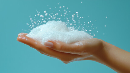 Fototapeta premium Extreme close-up of a hand covered in smooth white foam against a light blue background, perfect for skincare and hygiene concepts
