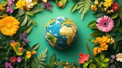 A vibrant globe surrounded by colorful flowers and leaves, symbolizing environmental beauty and diversity.