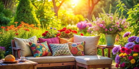 Cozy outdoor seating area with colorful pillows and a vase of flowers surrounded by lush greenery and vibrant flowers in a warm sunlight setting, botanicals , relaxing ambiance