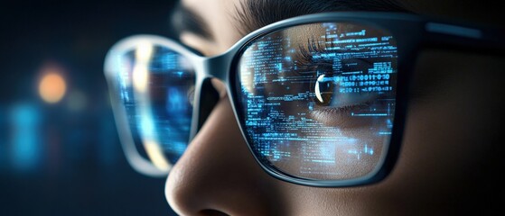 future technology vision: person wearing augmented reality glasses displaying code