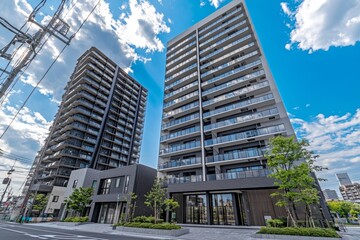 A clear sky provides the backdrop for the geometric silhouette of modern buildings