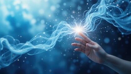 Close-up hand touching hologram in ethereal blues