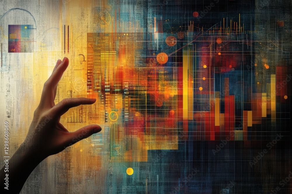Poster hand reaching towards colorful abstract data representation