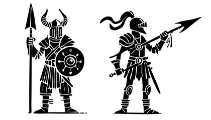 Vector silhouette warriors with helmet, sword, shield, armor. 