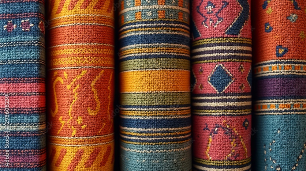 Poster A row of colorful rugs with different patterns