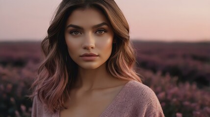 Fototapeta premium A beautiful woman in the lavender fielder under sunset