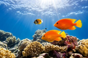 Fototapeta premium A school of tropical fish swimming through a maze of coral formations in a sunlit reef