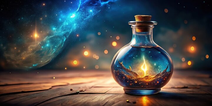 Ancient mystical potion bottle with glowing liquid inside , magical elixir, magical artifacts
