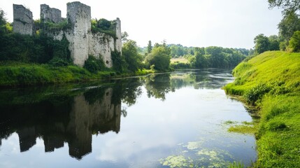 Fototapeta premium Tranquil river reflections with ancient ruins in a lush green landscape
