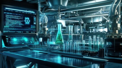 A futuristic laboratory setup featuring test tubes and a digital display for scientific analysis.