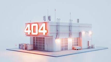 Futuristic industrial building with glowing 404 error sign, minimalist cyberpunk style, white and orange neon lighting