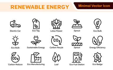 Renewable Energy Icon Set. A dynamic collection of icons showcasing sustainable energy solutions, perfect for environmental projects, educational materials, and green technology applications.