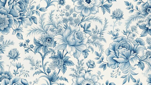 Delicate blue floral toile pattern featuring intricate details and soft pastel hues, french, classic,  french, classic