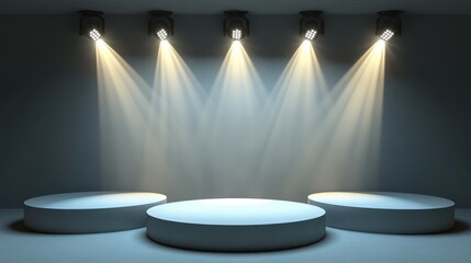 A minimalist stage setup with three circular platforms and spotlighting for presentations or performances.